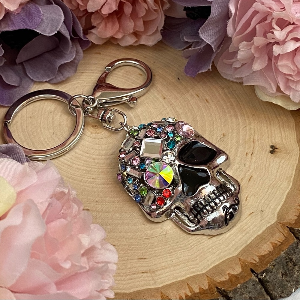 Multicolored Crystal & Silver Skull Keychain Charm - Picture 8 of 14